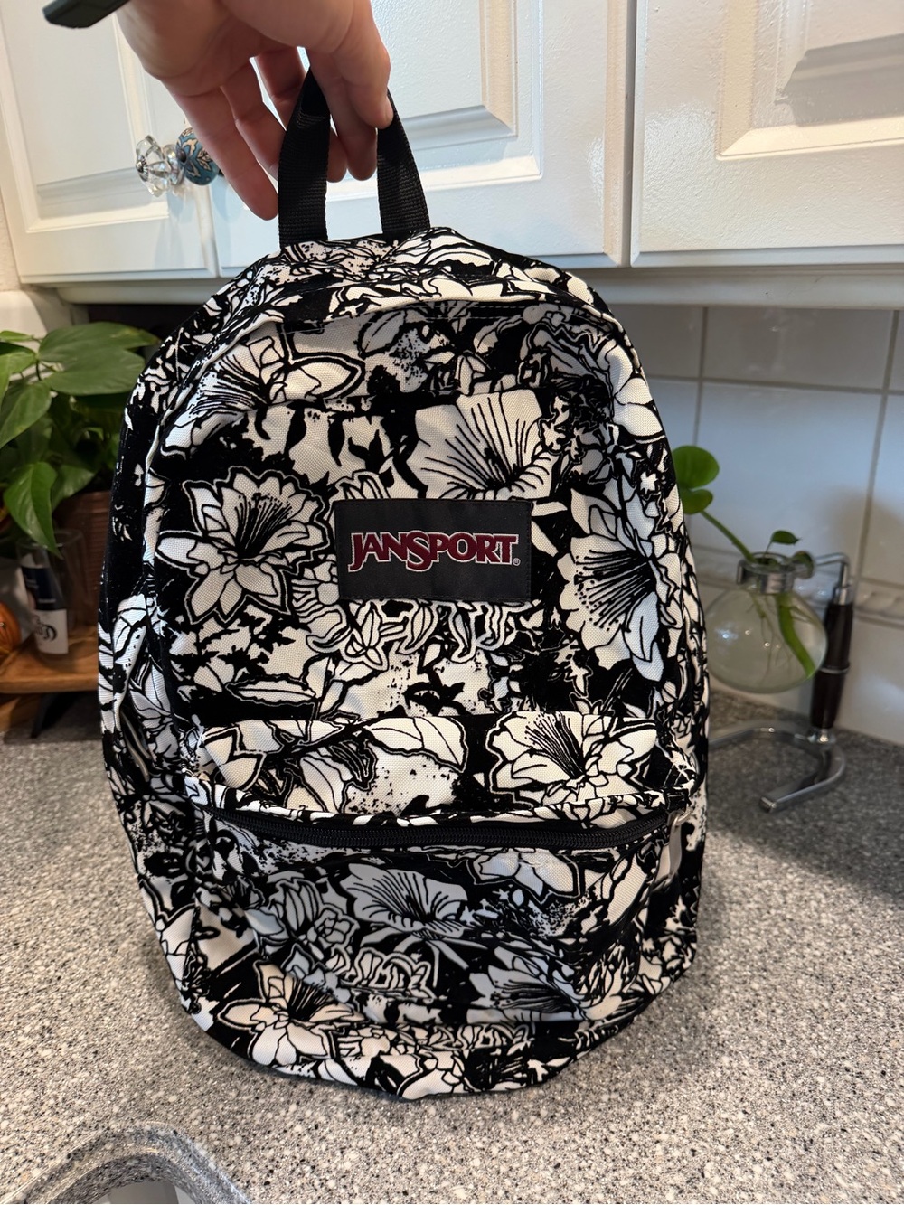 Vtg Jansport Backpack Black Ivory Corduroy Hawaiian Floral Hibiscus